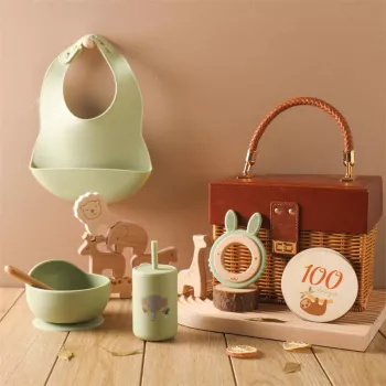 BPA-Free Baby Silicone Feeding Set + Wooden Milestone Cards