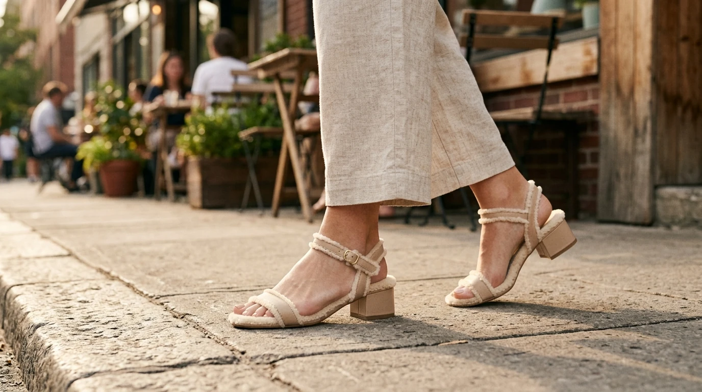 Sheepskin Open-Toe Sandals: Low Square Heel Comfort