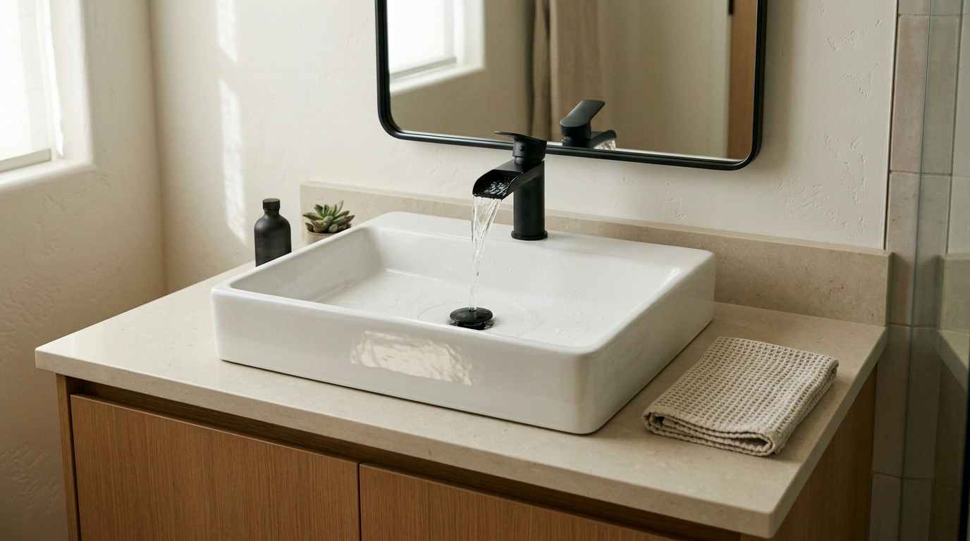Rectangular Ceramic Vessel Sink Set with Black Waterfall