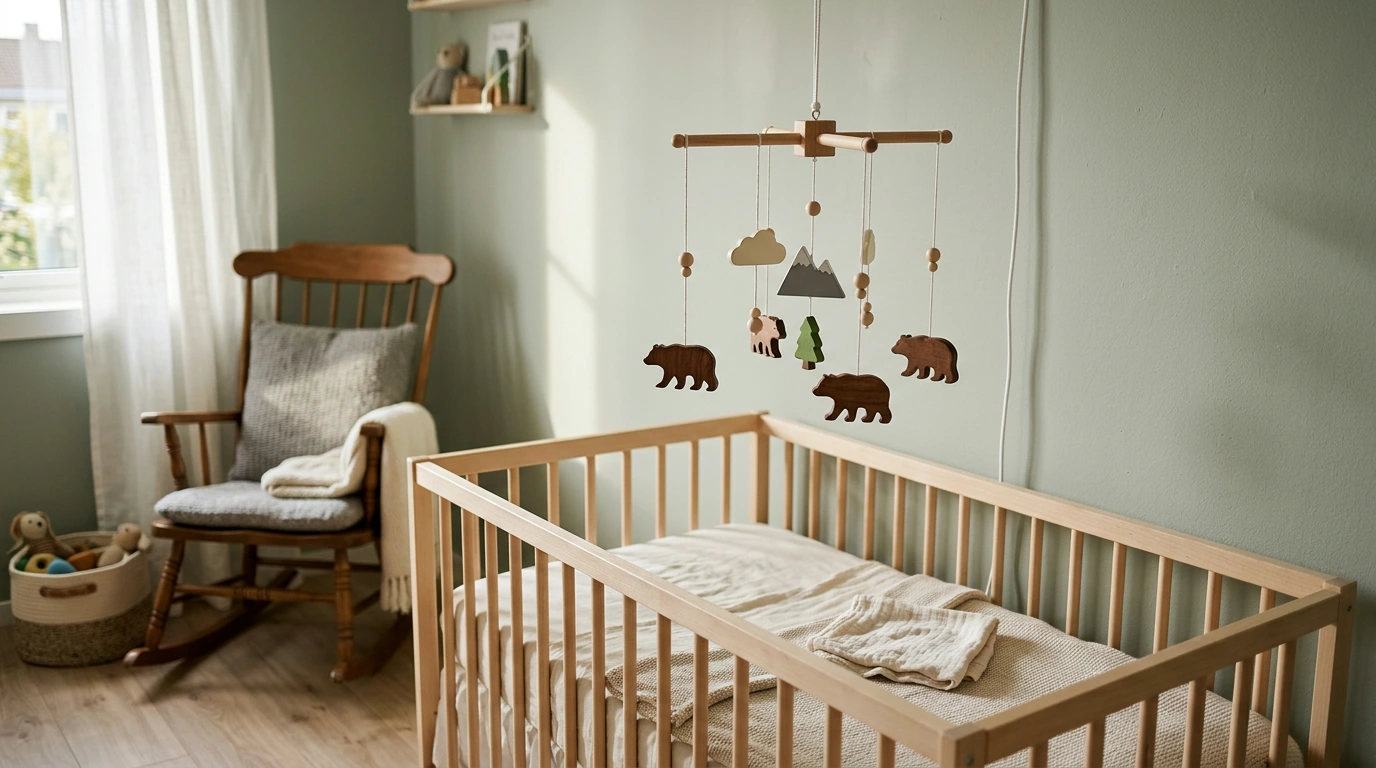 Wooden Bear Baby Mobile: Calm Woodland Nursery Styling